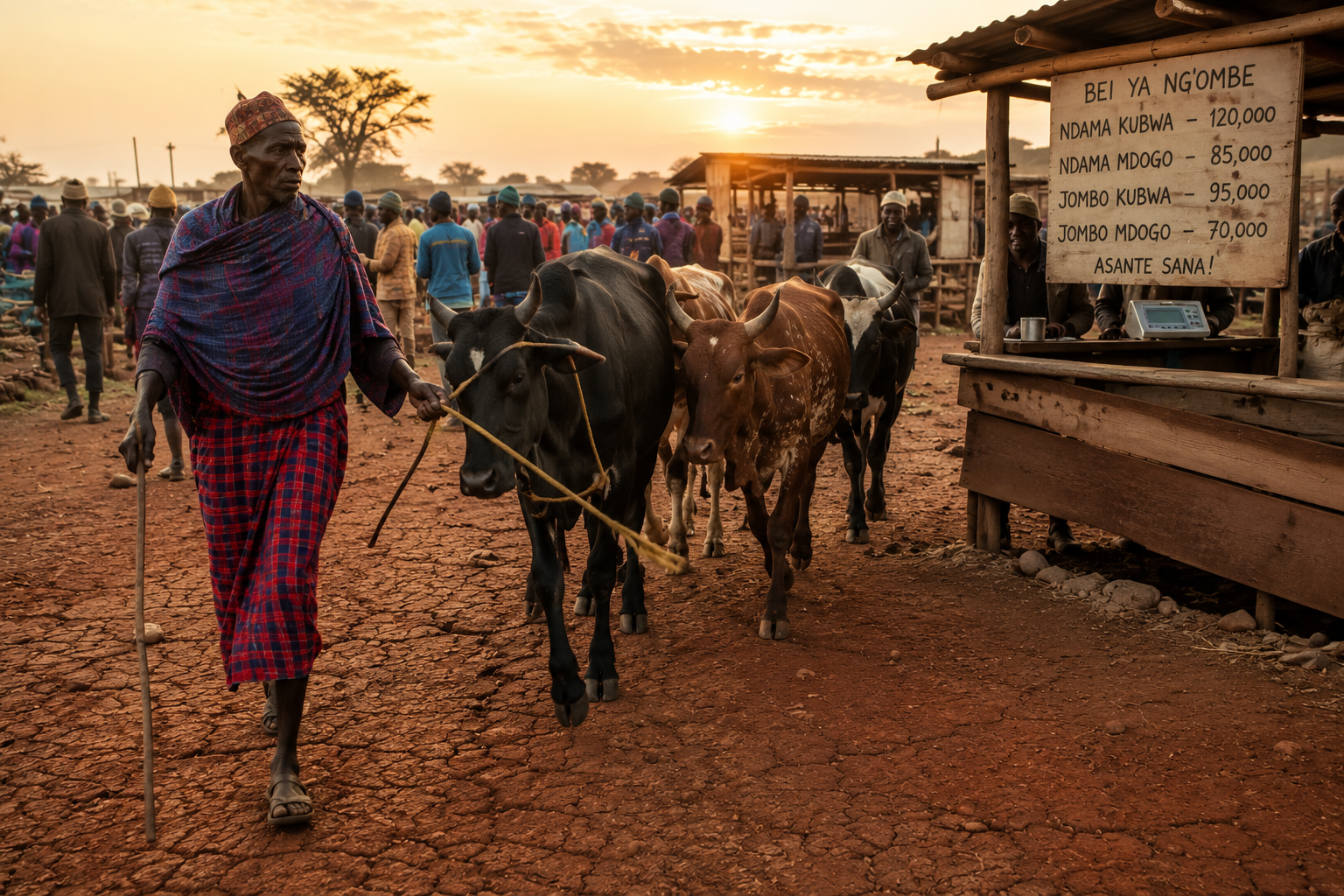 A weathered Kenyan pastoralist in traditional dress leads a small herd of bulls through a busy open-air livestock market at dawn, cracked red earth underfoot, traders in the background, a handwritten price board in Swahili visible on a wooden stall. Editorial photography style, golden hour lighting, photorealistic, wide shot, East Africa.